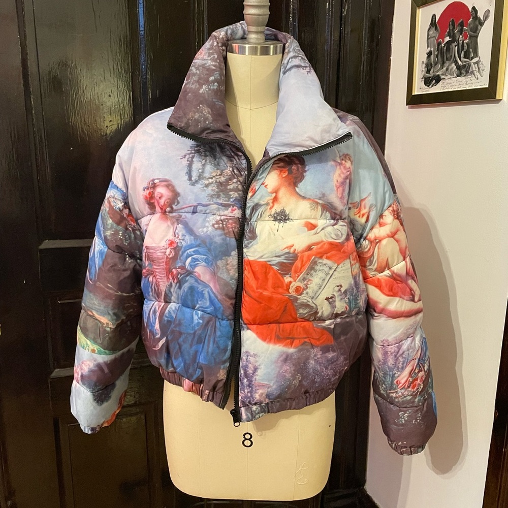Renaissance print puffer coat